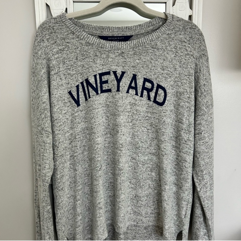 boxercraft Heather Gray Crewneck Sweater with Navy 'VINEYARD'